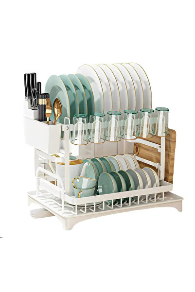MACVI ® 2-Tier Dish Rack with Cutlery Holder & Drip Tray, 42x30x29 cm, White
