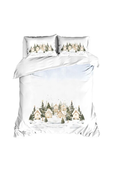Lenjerii Deosebite Χριστουγεννιάτικα τρισδιάστατα διπλά σεντόνια με δέντρα και σπιτάκια, 100% βαμβάκι ranforce, Snowy