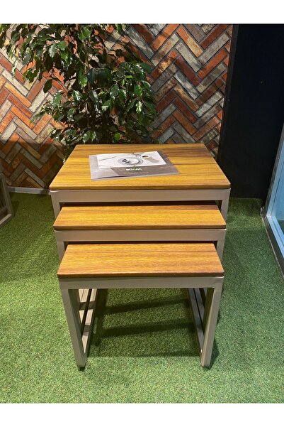 Bogac Garden Furniture Aliminyum Zigon Sehpa 3'lü İroko Doğal Ağaç Ahşap