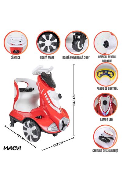 MACVI ® Kids Electric Scooter, bubbles, music & LED, 360° spin, remote, 6V, max 25 kg, red