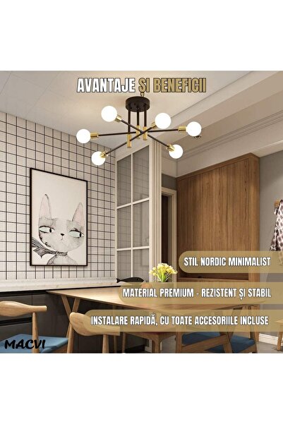 MACVI ® Modern Chandelier, Nordic style, aluminum & iron, black-gold, 6 arms, E27, 83×83 cm