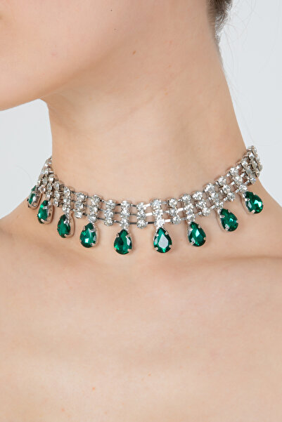 Jewelliss Zümrüt Damla Taşlı Gümüş Kaplama Choker Kolye Model Ayarlanabilir Z...