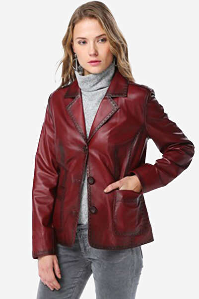 Dericlub سترة نسائية من ليون مصنوعة من الجلد الطبيعي مع جيوب بثلاثة أزرار