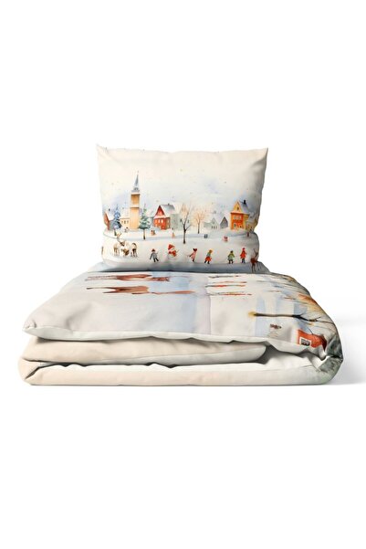 Lenjerii Deosebite Χριστουγεννιάτικο τρισδιάστατο σεντόνι 1 ατόμου με χειμερινό τοπίο, 100% βαμβάκι ranforce, Joy