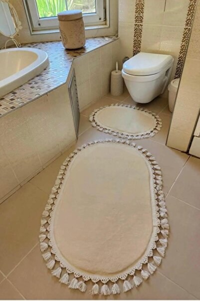 DECORA CASA HOME COLLECTİON Σετ μαλακό χαλάκι μπάνιου με αντιολισθητική βάση που πλένεται με πομπόν και κρόσσια 2 τεμαχίων (60x100) και (50x60)