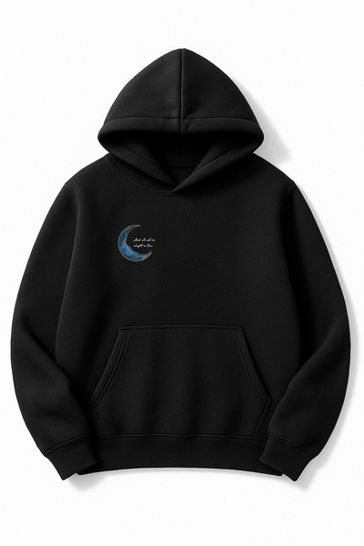 Altair Tr سويت شيرت أسود قصة فضفاضة للجنسين هلال مطبوع بغطاء رأس
