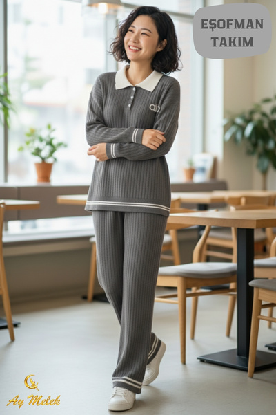 AYMELEK Women's Knitwear Set Buttoned Stripe Detailed Corded Fabric Polo Neck Set