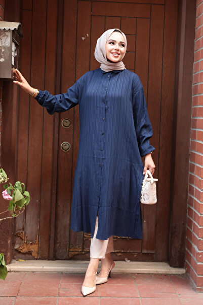 N.S NEVA STYLE Buttoned Navy Blue Hijab Tunic 70551L