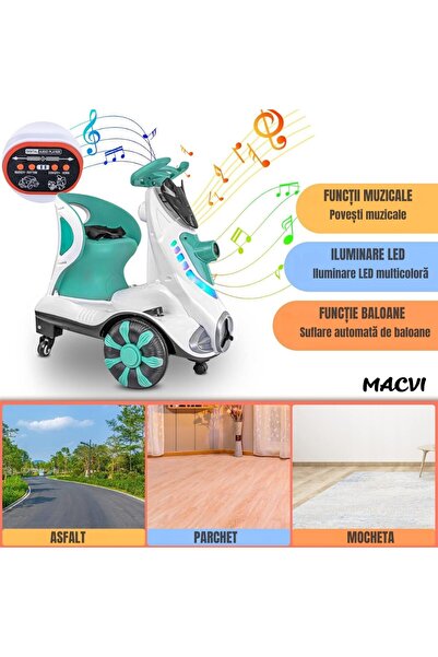 MACVI ® Kids Electric Scooter, bubble machine, music & LED, 360° spin, remote, 6V, max 25 kg, green