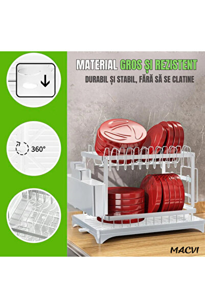 MACVI ® 2-Tier Dish Rack with Cutlery Holder & Drip Tray, 42x30x29 cm, White