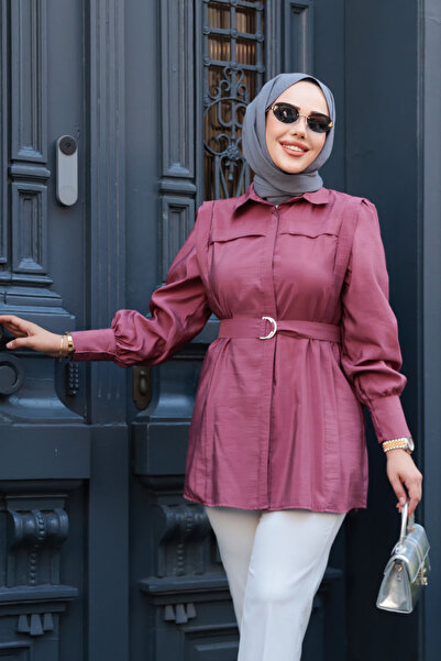 N.S NEVA STYLE Buttoned Dusty Rose Hijab Shirt 19028Gk