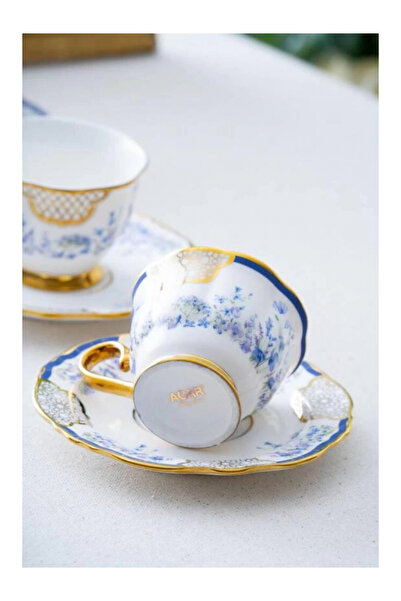 ACAR HXF6556 Mavi Çiçek Desenli Gold Detaylı Beyaz Porselen Kahve Seti 6'lı