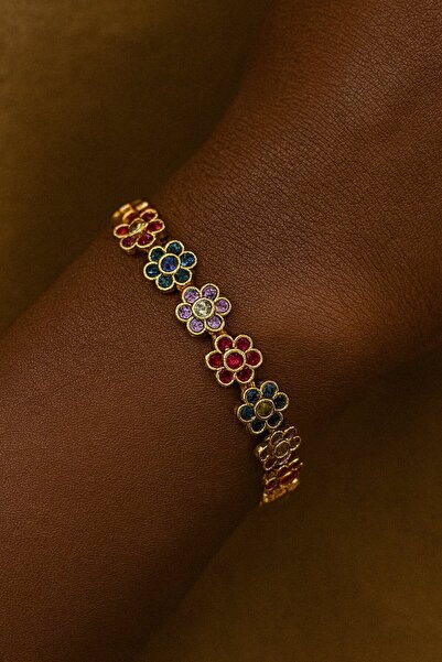 TAKIŞTIR Gold Color Flower Figured Stone Detailed Design Bracelet