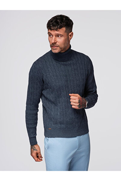 OMBRE Pulover de golf tricotat cu împletitură pentru bărbați - Bleumarin V3 OM-SWTN-0157