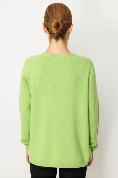 Desen Triko Women's Crew Neck Shoulder Embroidered Wool Sweater A.E.Green