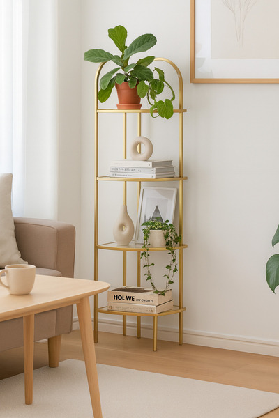 DEKOPRATİK Verona Gold Köşe Kitaplık -Füme Cam Temperli Kırılmaz Raflı Dekoratif Aksesuar Çiçeklik