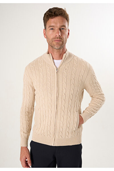 Felix Hardy Erkek Bej Örgü Desenli Fermuarlı Triko Hırka