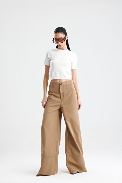 GACA COLLECTION PETRA Trenc Kumaştan Yüksel Bel Bol Paça Pantolon r