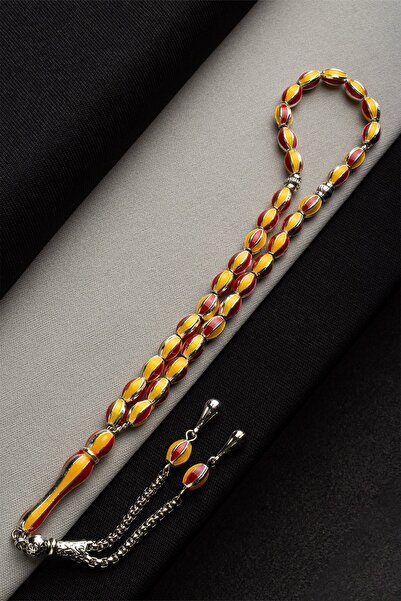 Genel Markalar Mine İşlemeli Arpa Kesim 5x8 Sarı Kırmızı Taraftar Tesbihi