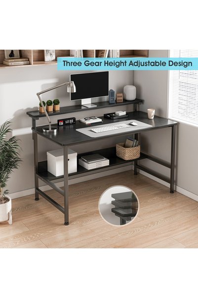 Venpara Study Desk with Monitor Stand & Bookshelf, Office Desk with Under-Desk Storage