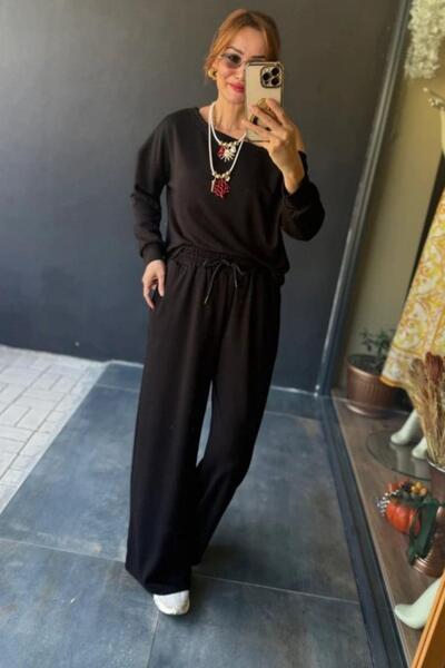 Mossta Open Shoulder Viscose Two Thread Blouse Pants Two Piece Set - Black