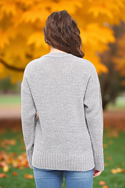 Qlees Fashion Women's Winter Sweater Boucle Knit Patterned Crew Neck Gray Knitwear Sweater