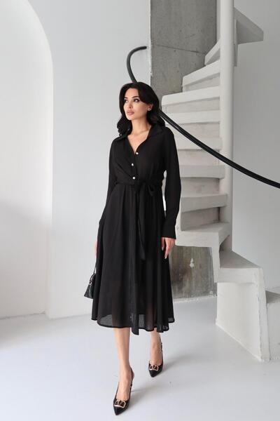 Serica Moda Black Side Tie Shirt Collar Dress