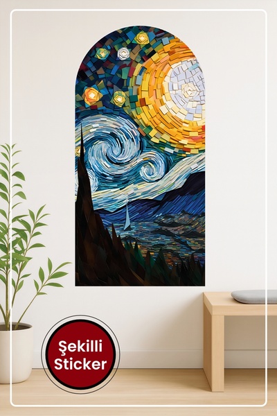 KOSS Dijital Yıldızlı Gece Mozaik Manzara Oval Şekilli Duvar Sticker Van Gogh...