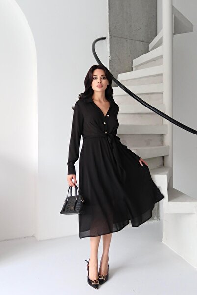 Serica Moda Black Side Tie Shirt Collar Dress