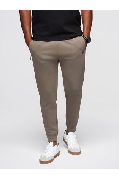 OMBRE Ανδρικό παντελόνι φόρμας με κορδόνια περίσφιξης και τύπωμα από καουτσούκ - σταχτί V3 OM-PASK-0223