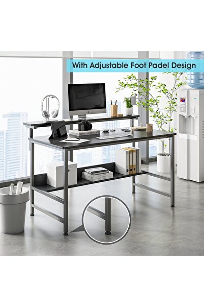 Venpara Study Desk with Monitor Stand & Bookshelf, Office Desk with Under-Desk Storage