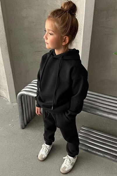 Riccotarz Κοριτσίστικο φούτερ με λεπτομέρεια από επένδυση fleece κλωστές, βαμβακερό μαύρο σετ αθλητικής φόρμας