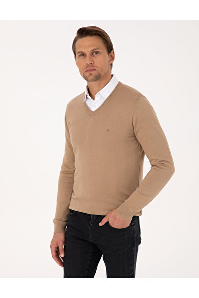 Pierre Cardin Camel Slim Fit V-Neck Basic Knitwear Sweater 50314190-Vr015