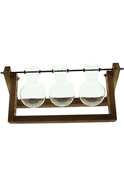 MACVI ® Decorative Vase, 3 glass containers, wooden foldable stand, beige/transparent, 28×13.5 cm