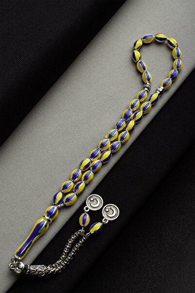 Genel Markalar Mine İşlemeli Arpa Kesim 5x8 Sarı Lacivert Taraftar Tesbihi