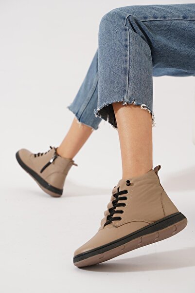 Moda Pie Peles Hakiki Deri Ortopedik Pileli Lastikli Yan Fermuarlı Kadın Bot Vizon