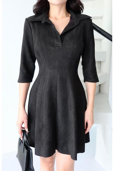 Serica Moda Black Shirt Collar Suede Dress