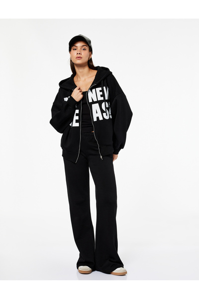 Koton Hooded Long Sleeve Printed Oversized Zippered Cardigan