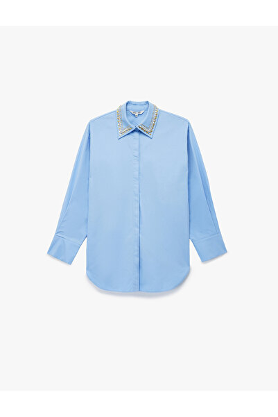 Koton X Melis Ağazat - Uzun Kollu Yakası Taş Detaylı Oversize Poplin Gömlek
