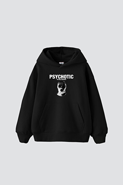 Bak Moda Psychotic Printed Oversized Unisex Black Hoodie