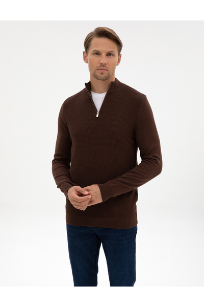 Pierre Cardin Kahverengi Slim Fit Dik Yaka Fermuarlı Triko Kazak 50317397-VR029