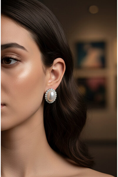 Happyline Kenarları taşlı ve incili büyük küpe gümüş kaplama Choker tasma