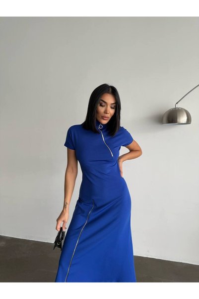 OLSAMODA فستان نسائي متوسط الطول من قماش مرن بتفاصيل سحاب