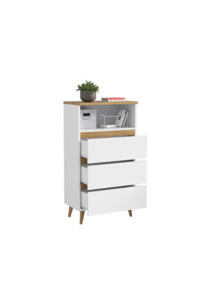 SERSIMO Norge 03 bookcase chest with 3 drawers and open shelf, 65x37x119 cm, white and craft oak