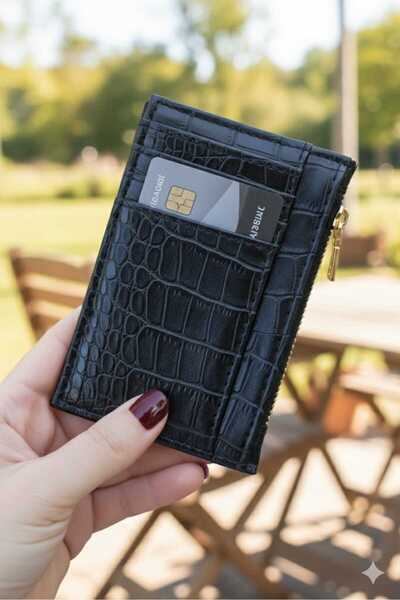 Uzs pace Luxury Crocodile Pattern Zippered Card Holder & Wallet - Black