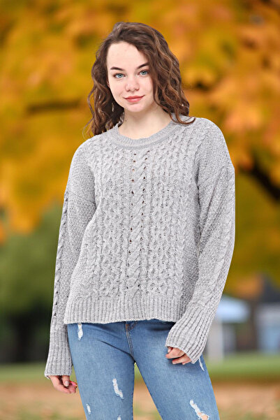 Qlees Fashion Pulover de iarnă pentru femei Buklet tricotat cu model guler rotund Pulover din tricot gri