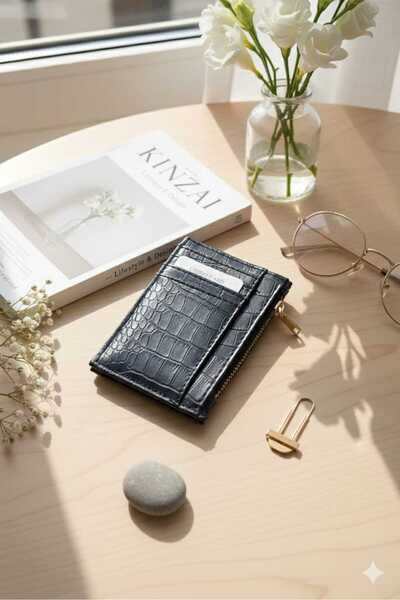 Uzs pace Luxury Crocodile Pattern Zippered Card Holder & Wallet - Black