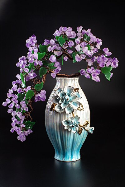 Uçar Doğaltaş Ametist Taşı El Yapımı Doğal Taş 45x16x16cm Dekoratif Ağaç