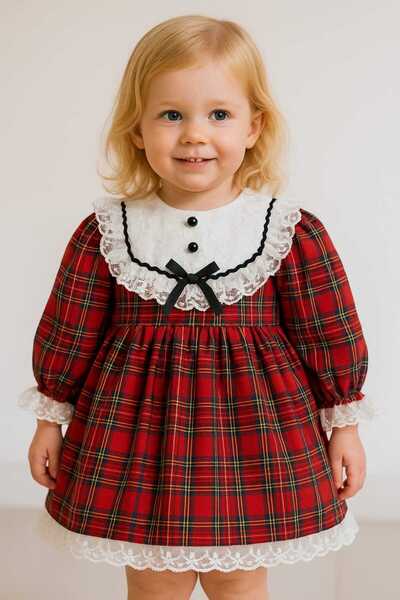 TOGY BABY VE KIDS WEAR Laura Baby Ekoseli ve Fiyonklu Kız Bebek /Çocuk Özel Gün/Doğum Günü /Party Elbise