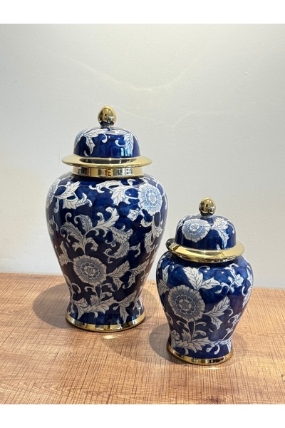 Larus 2li turkuvaz kapaklı çiçek desenli vazo takımı